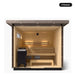 5 person Kohler C2 Weathered Grey Spruce outdoor sauna, front view into the interior with tiered benches and heater