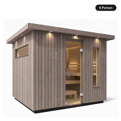 6 person Kohler C2 Weathered Grey Spruce outdoor sauna, angled exterior view