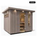 6 person Kohler C2 Weathered Grey Spruce outdoor sauna, angled exterior view
