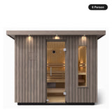 6 person Kohler C2 Weathered Grey Spruce outdoor sauna, front view with the glass door closed
