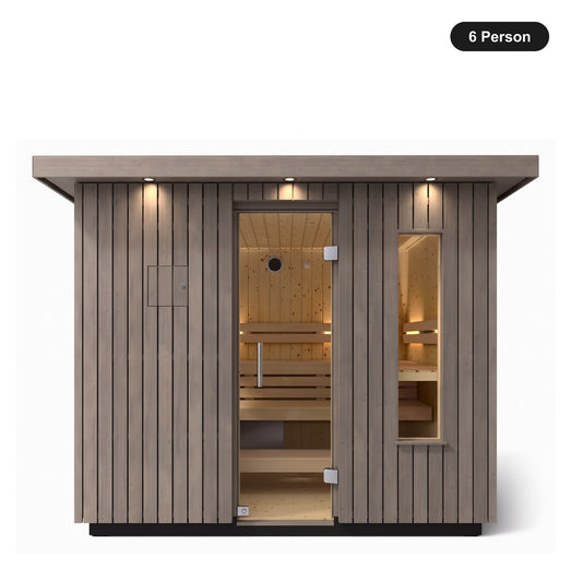 6 person Kohler C2 Weathered Grey Spruce outdoor sauna, front view with the glass door closed