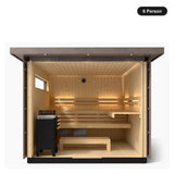 6 person Kohler C2 Weathered Grey Spruce outdoor sauna, front view into the interior with tiered benches and heater