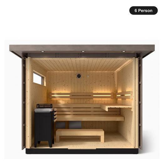 6 person Kohler C2 Weathered Grey Spruce outdoor sauna, front view into the interior with tiered benches and heater