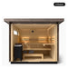 6 person Kohler C2 Weathered Grey Spruce outdoor sauna, front view into the interior with tiered benches and heater