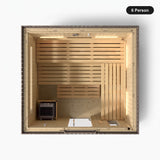 6 person Kohler C2 Weathered Grey Spruce outdoor sauna, overhead view showing the bench layout and heater position