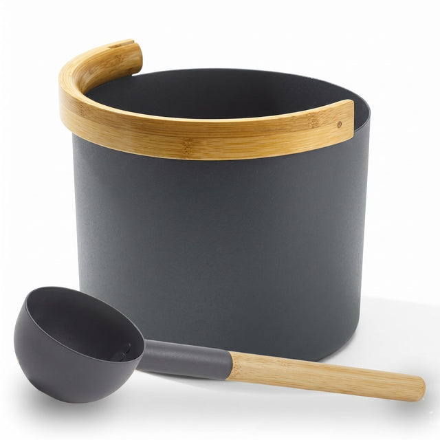 KOLO black 1 gallon sauna bucket and ladle with bamboo handle and rim