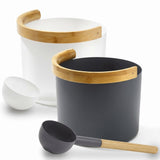 KOLO sauna buckets and ladles shown together in both black and white finishes