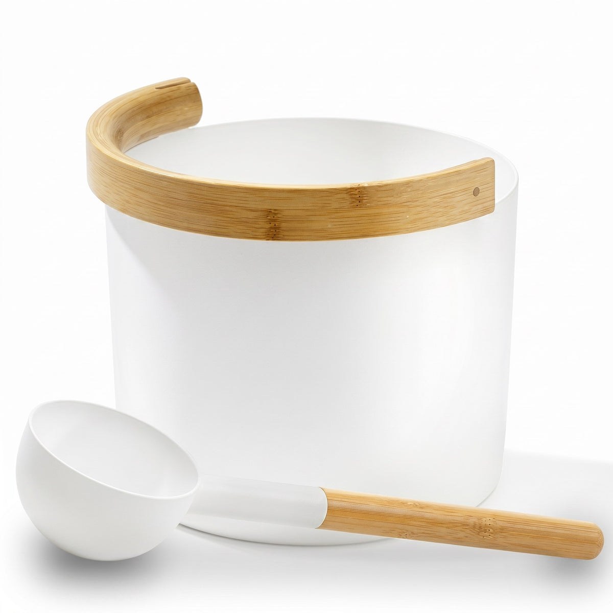 KOLO white 1 gallon sauna bucket and matching ladle with bamboo accents