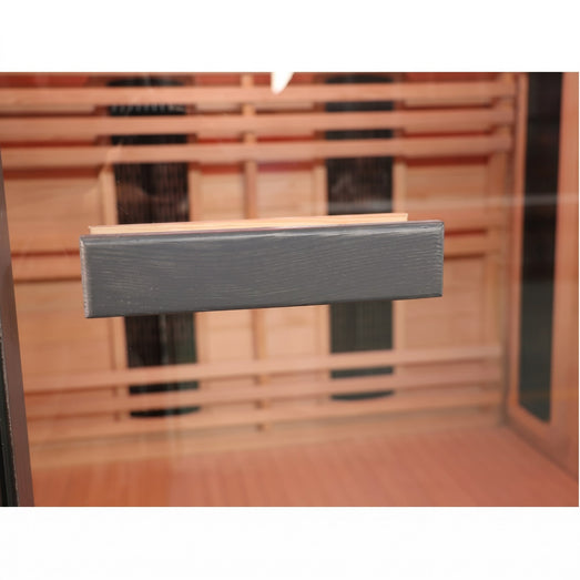 Close view of the gray cedar backrest inside the Logan 200D6 sauna