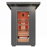 Logan 200D6 outdoor sauna front view with glass door and glowing heaters