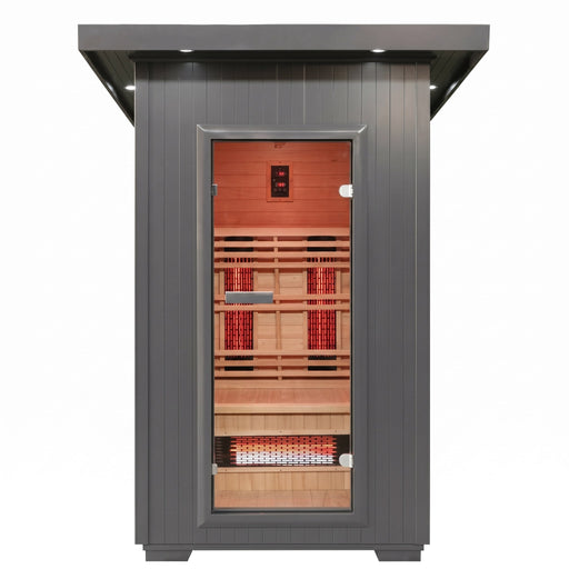 Logan 200D6 outdoor sauna front view with glass door and glowing heaters
