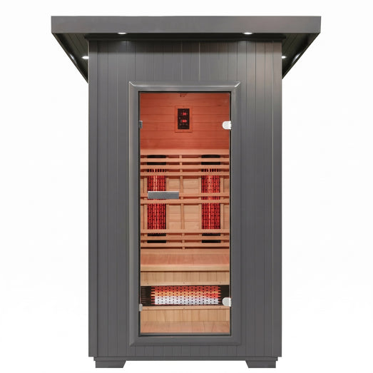 Logan 200D6 outdoor sauna front view with glass door and glowing heaters