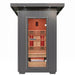 Logan 200D6 outdoor sauna front view with glass door and glowing heaters
