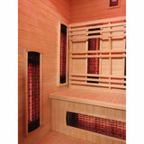 Logan 200D6 interior corner showing glowing infrared heater panels and bench