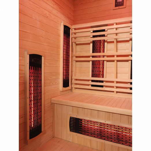 Logan 200D6 interior corner showing glowing infrared heater panels and bench