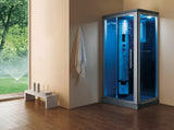 Mesa 802L blue glass steam shower installed in a warm corner bathroom scene