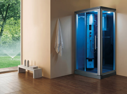 Mesa 802L blue glass steam shower installed in a warm corner bathroom scene
