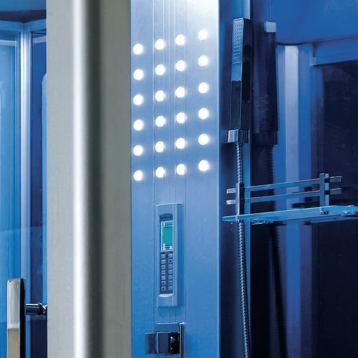 Mesa 802L steam shower control panel close-up with LED array and handheld sprayer