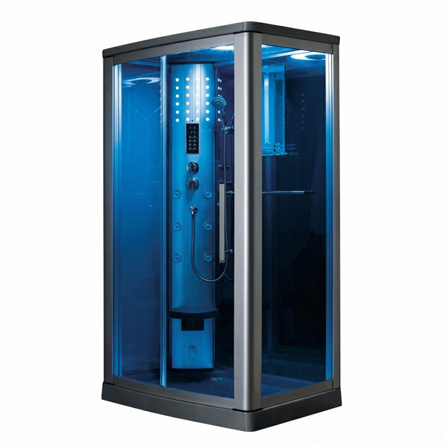 Mesa 802L steam shower with blue glass and lit interior shown at front angle