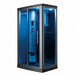 Mesa 802L steam shower with blue glass and lit interior shown at front angle