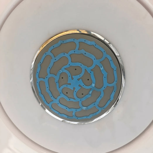 Mesa 802L steam shower overhead rainfall head with blue patterned spray face