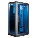 Mesa 802L steam shower right-angle view showing illuminated control column and jets