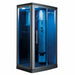 Mesa 802L steam shower right-angle view showing illuminated control column and jets