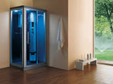 Mesa 802L blue glass steam shower in a bathroom corner beside a hanging towel