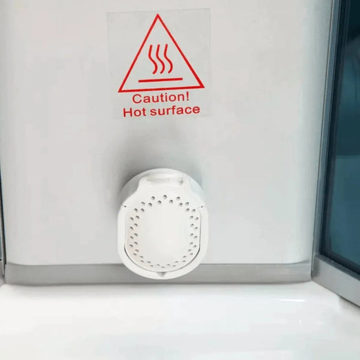 Mesa 802L steam shower steam outlet vent with red Caution Hot surface warning label