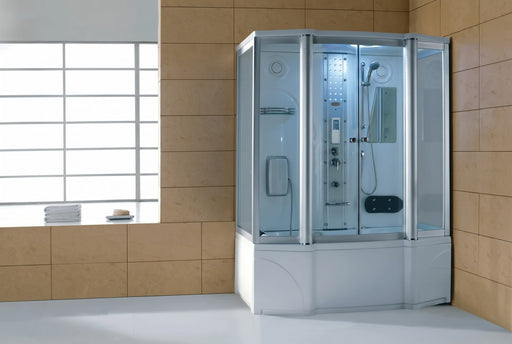 Mesa 807A steam shower tub combo installed in a tiled bathroom by a window