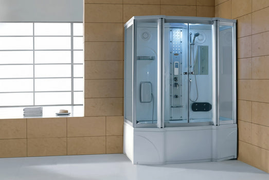 Mesa 807A steam shower tub combo installed in a tiled bathroom by a window