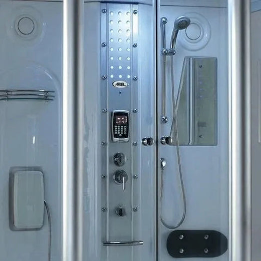 Mesa 807A steam shower control panel with LCD keypad and chrome valves