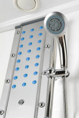 Mesa 807A blue acupressure massage jet column beside chrome handheld shower