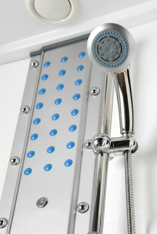 Mesa 807A blue acupressure massage jet column beside chrome handheld shower