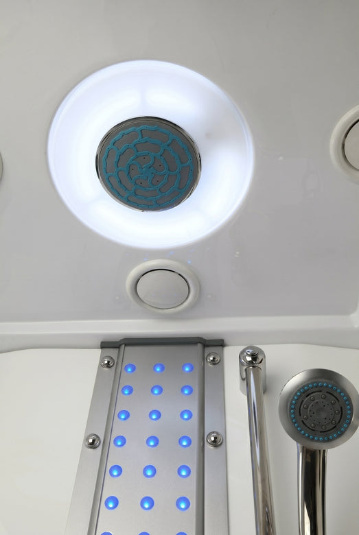Mesa 807A ceiling rain head with lit ring and blue LED massage jet column