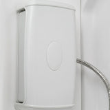 Close view of the white folding seat panel inside the Mesa 807A steam shower