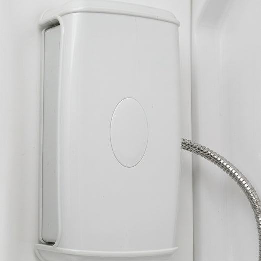 Close view of the white folding seat panel inside the Mesa 807A steam shower