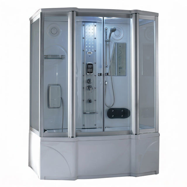 Mesa 807A steam shower tub combo front view with glass doors and tub base