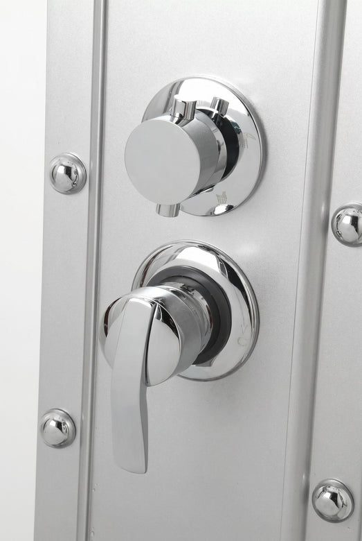 Close view of chrome diverter and mixer valve controls on the Mesa 807A panel