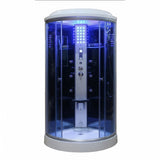 Mesa 9090 steam shower enclosure glowing with blue LED interior chromotherapy lighting
