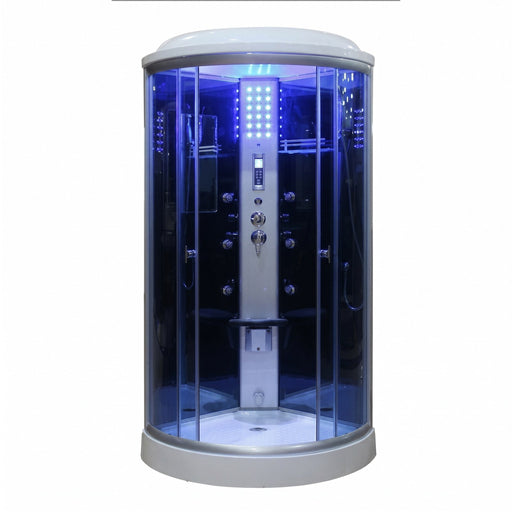 Mesa 9090 steam shower enclosure glowing with blue LED interior chromotherapy lighting