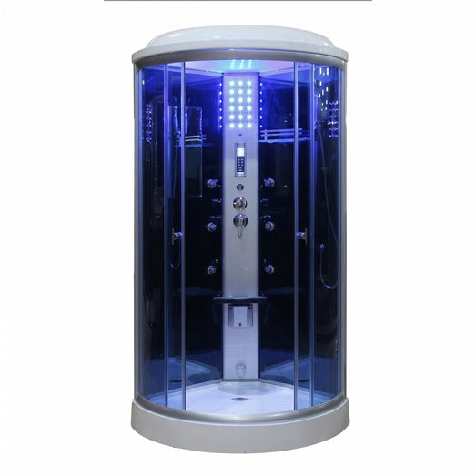 Mesa 9090 steam shower enclosure glowing with blue LED interior chromotherapy lighting