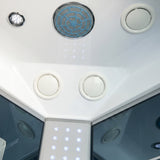 Mesa 9090 steam shower ceiling detail with rainfall head, jets and LED accent light