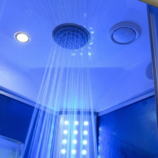 Mesa 9090 steam shower ceiling rainfall head spraying water under blue mood lighting