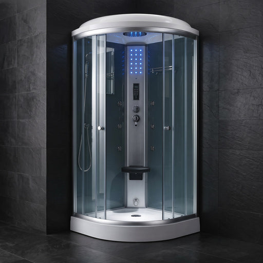 Mesa 9090 steam shower rounded enclosure with clear glass on a dark tile floor