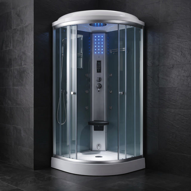 Mesa 9090 steam shower rounded enclosure with clear glass on a dark tile floor