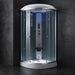 Mesa 9090 steam shower rounded enclosure with clear glass on a dark tile floor