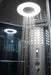 Mesa 9090 steam shower rainfall head running over the lit control panel inside