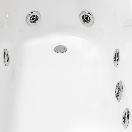 Close-up of chrome whirlpool jets and drain inside the Mesa BT-062 Malibu tub