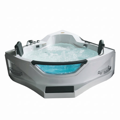 Mesa BT-084 two-person corner whirlpool tub filled with bubbling water
